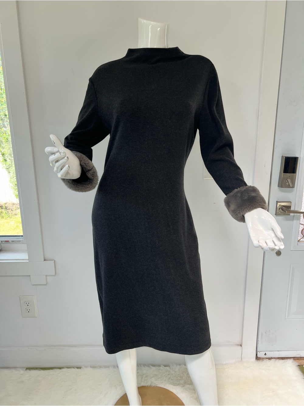 Hot Renfrew Charcoal Midi Dress with Fur Cuffs Vintage Made in USA